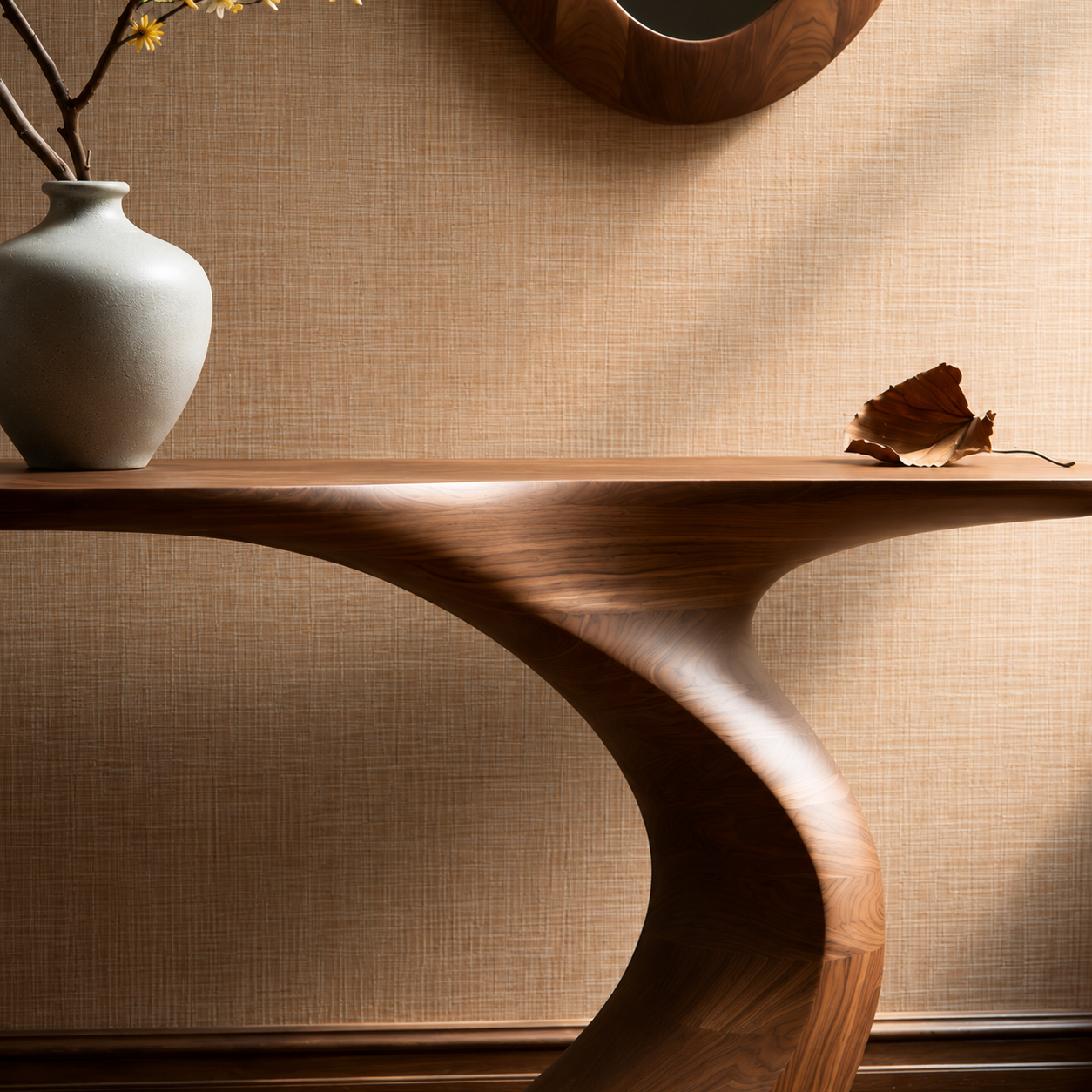 Natural Solid Wood Sculptural Console Table with Curved Pedestal Base - Woodaven